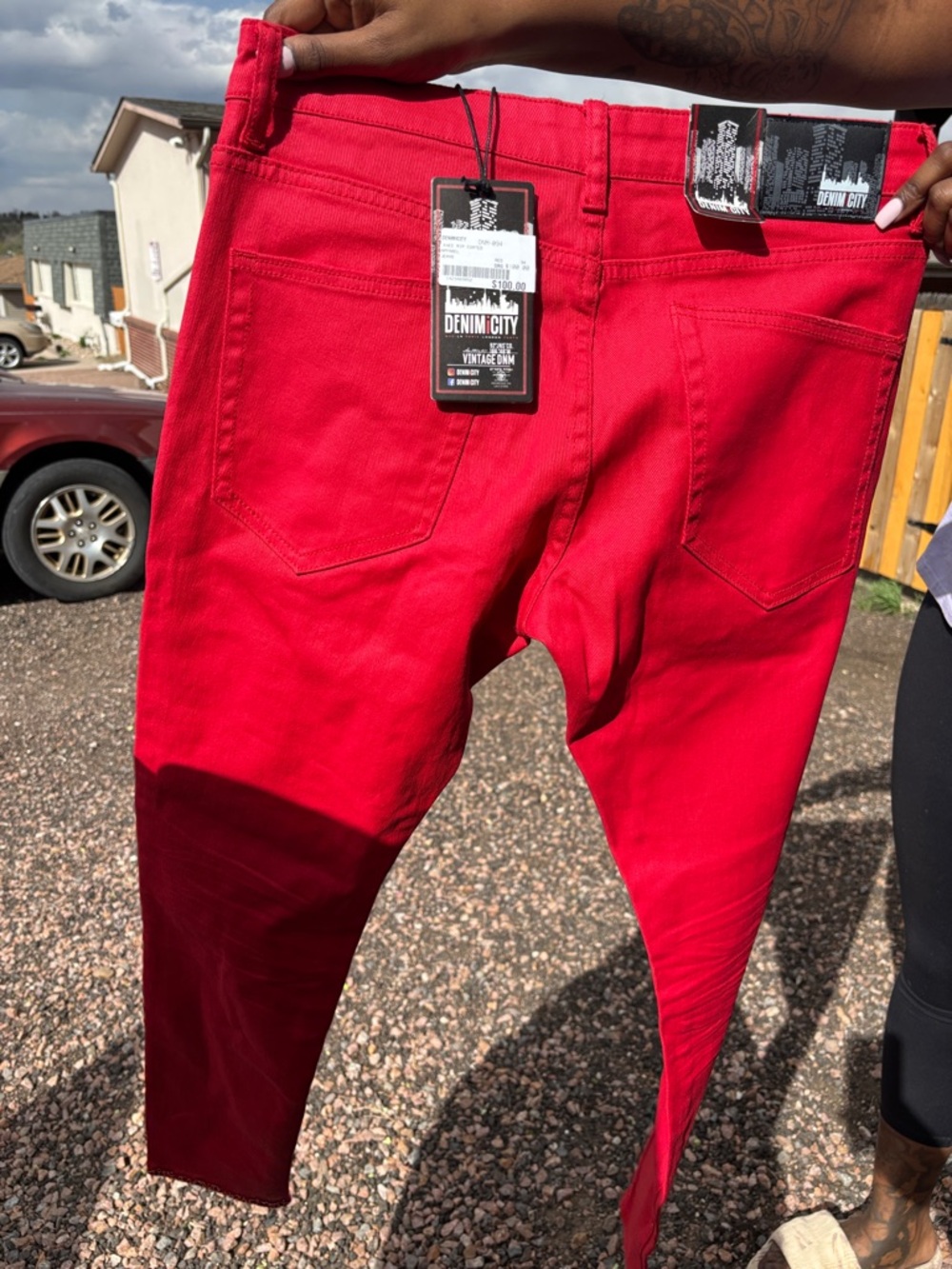 Slim Men’s streetwear leather denim jeans in Vibrant Red - Picture 3 of 8